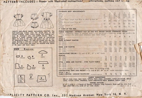 1940's Simplicity Child's Yoked Dress Pattern with Puff Sleeves - Chest 23" - No. 2529