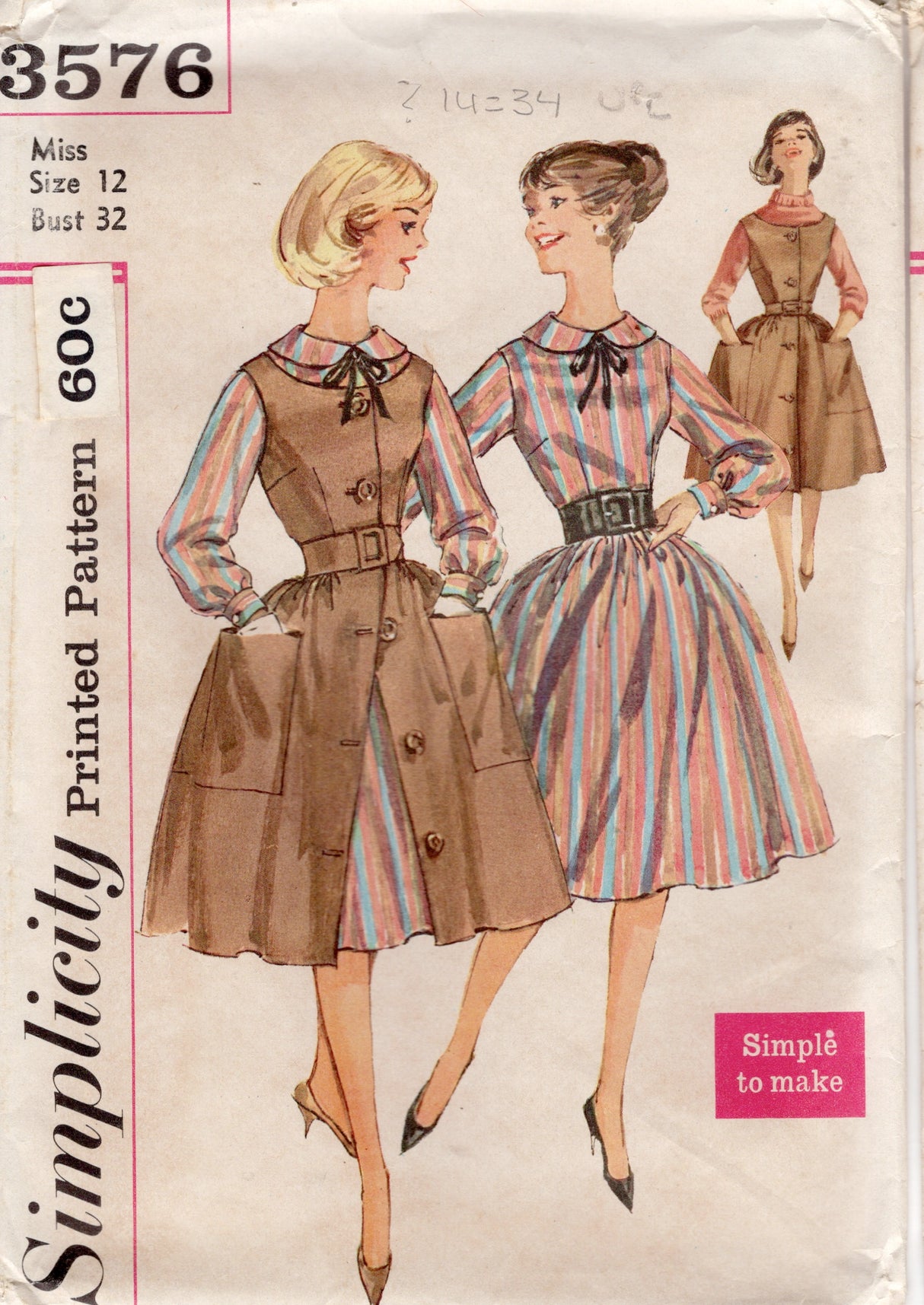 1960's Simplicity One Piece Fit and Flare Dress with Button Up Jumper Overdress Pattern - Bust 32" - No. 3576