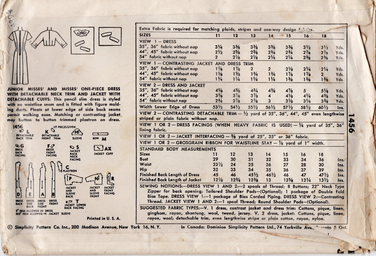 1950's Simplicity Sheath Dress Pattern with Button On Bolero Jacket detail - Bust 29" - No. 1456