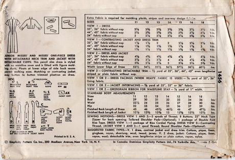 1950's Simplicity Sheath Dress Pattern with Button On Bolero Jacket detail - Bust 29" - No. 1456