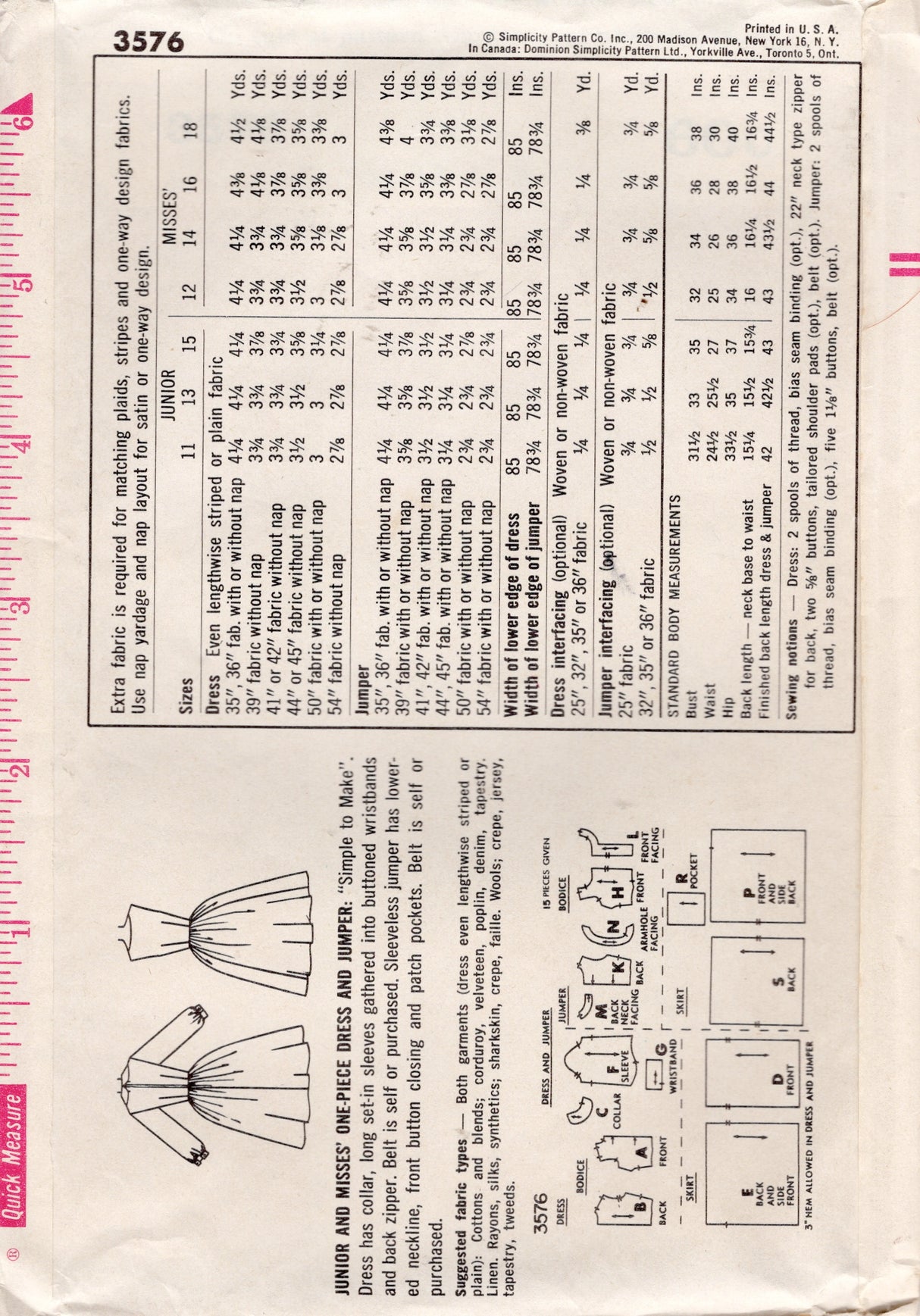 1960's Simplicity One Piece Fit and Flare Dress with Button Up Jumper Overdress Pattern - Bust 32" - No. 3576