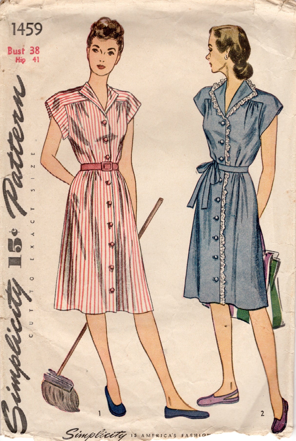 1940's Simplicity Button up Dress Pattern with Cap Sleeves - Bust 38" - No. 1459