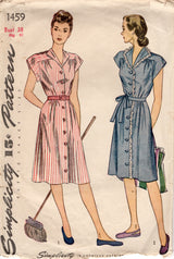 1940's Simplicity Button up Dress Pattern with Cap Sleeves - Bust 38" - No. 1459