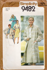 1980's Simplicity Unlined Coat, Jacket or Dress, Skirt, Blouse and Tie Pattern - Bust 38" - No. 9482
