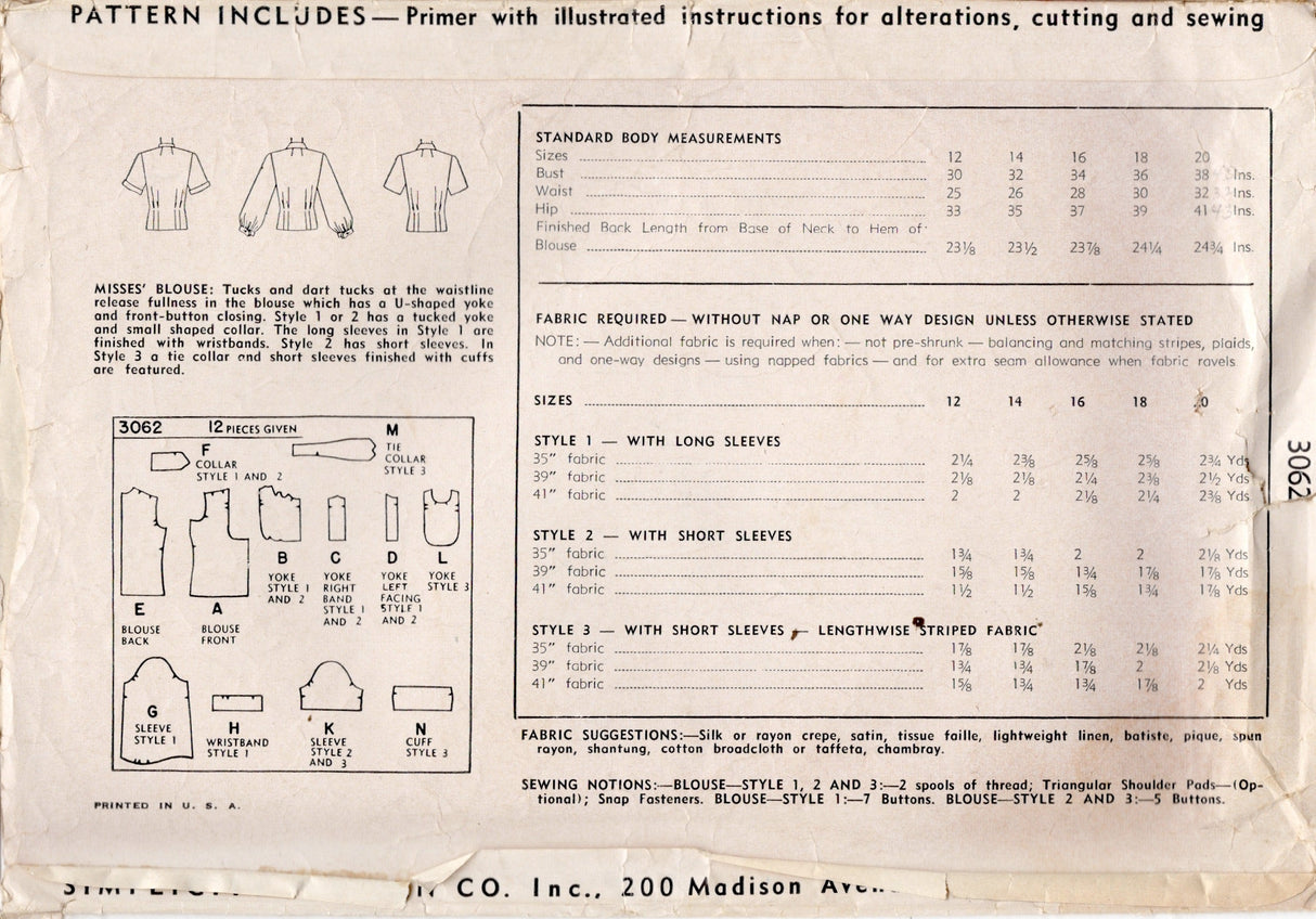 1950's Simplicity Button up Blouse Pattern with U shaped Yokes - Bust 38" - No. 3062