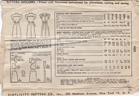 1940's Simplicity Button up Dress Pattern with Cap Sleeves - Bust 38" - No. 1459