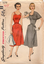 1950's Simplicity One Piece Sweetheart Neckline Dress Pattern with Detachable Cape - Bust 36" - No. 1579