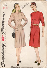 1940's Simplicity One Piece Dress Pattern with Notched Neckline and Front Dart Skirt - Bust 30" - No. 1467