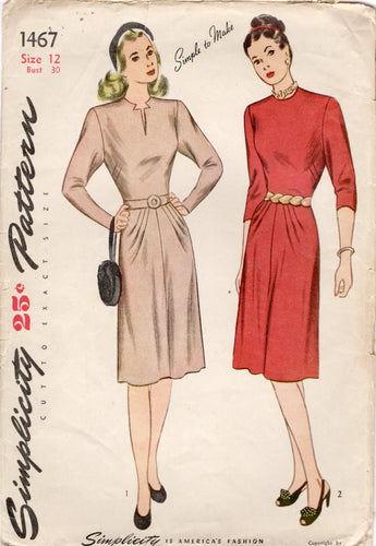 1940's Simplicity One Piece Dress Pattern with Notched Neckline and Front Dart Skirt - Bust 30