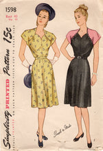 1940's Simplicity One Piece Dress with Shoulder Yokes and Gathered Bust - Bust 40" - No. 1598