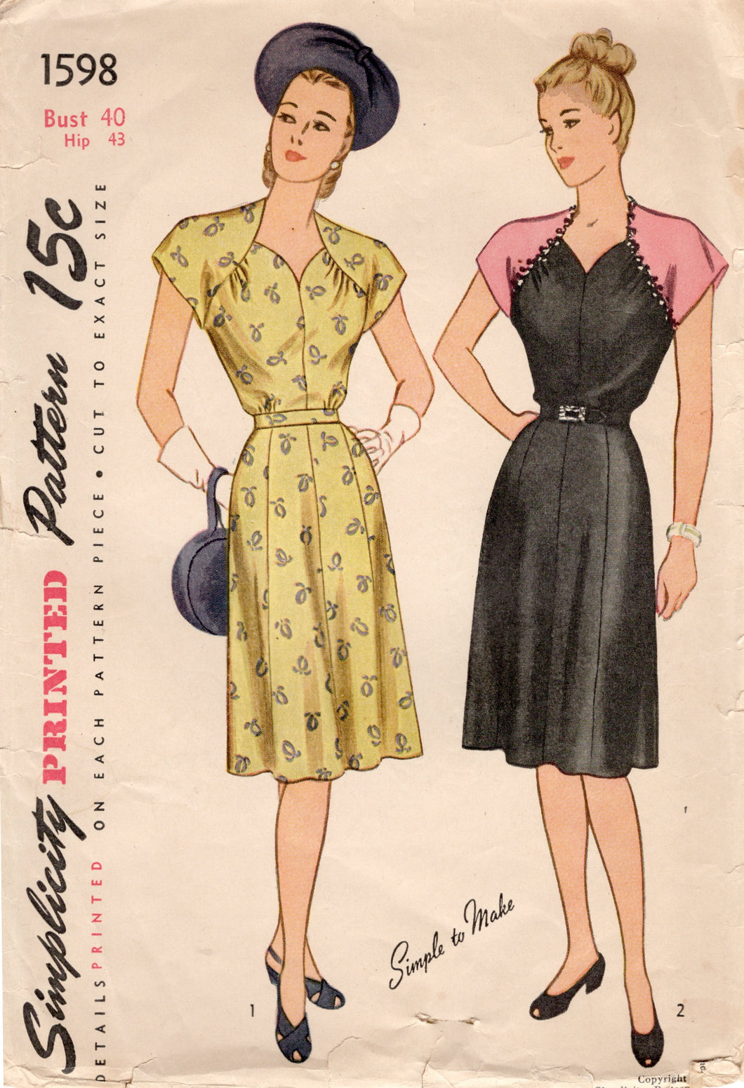 1940's Simplicity One Piece Dress with Shoulder Yokes and Gathered Bust - Bust 40