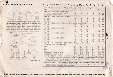 1950's Simplicity Blouse, Overblouse and Jacket Pattern - Bust 32" - No. 4216