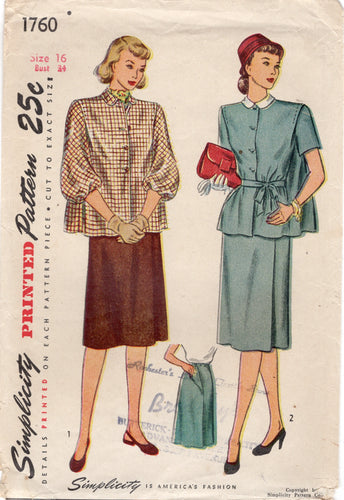 1940's Simplicity Maternity Two Piece Dress with Tie Waist and Softly Pleated Skirt with expanding front panel - Bust 30