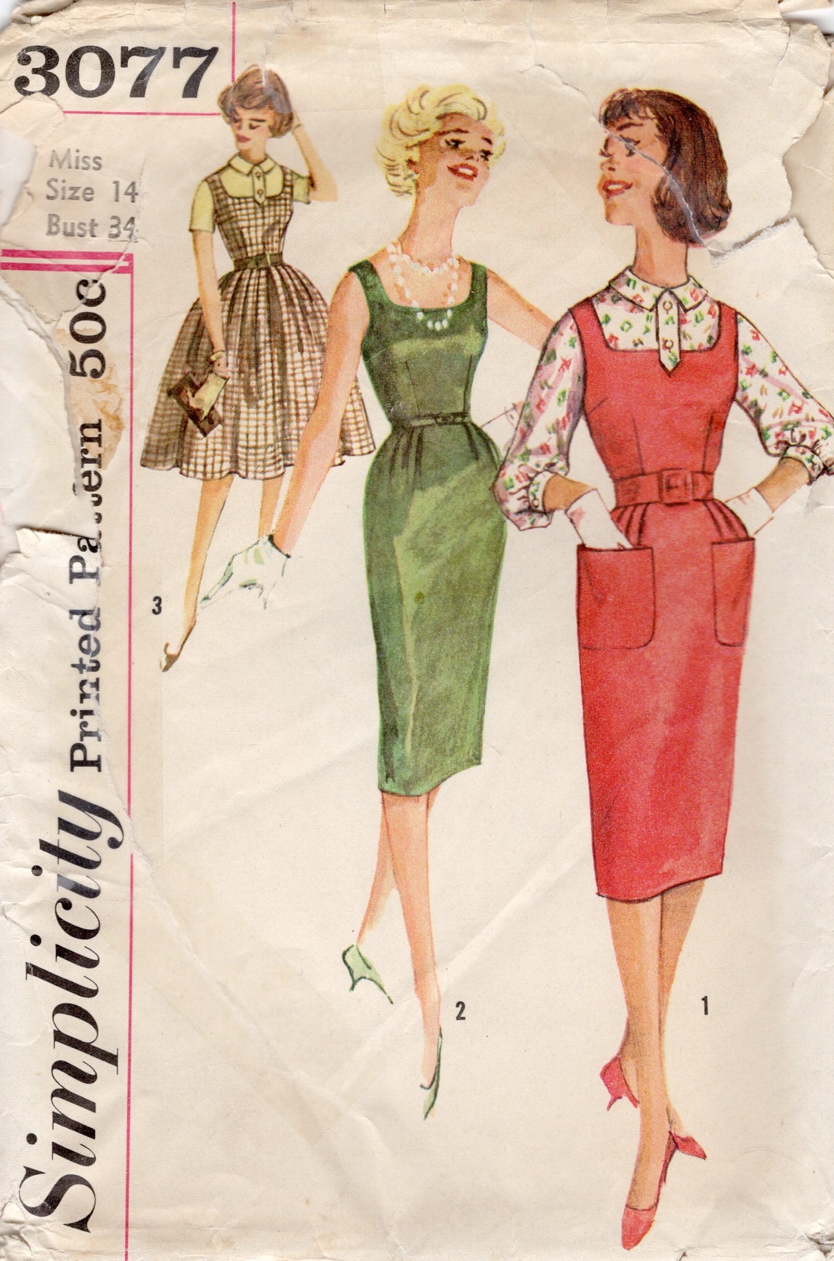 1950's Simplicity Sheath or Fit and Flare Jumper Dress and Button Up Blouse Pattern - Bust 34" - No. 3077