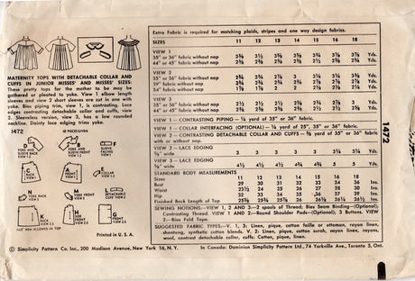 1950's Simplicity Maternity Blouse with Large Yoke - Bust 30" - No. 1472