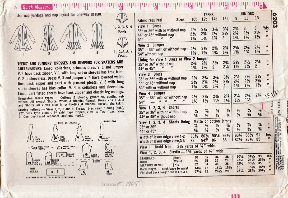 1960's Simplicity Ice Skating or Cheerleading Outfit or Costume Pattern - Bust 33" - No. 6203