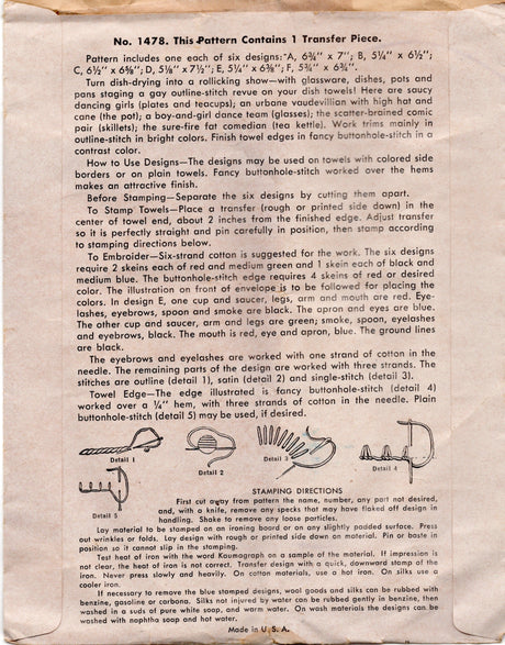 1940’s McCall “Kitchen Revue” Embroidery Transfer Pattern - No. 1478