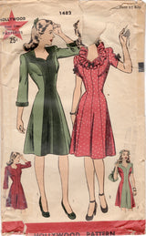 1940's Hollywood Princess Line Dress Pattern with optional Ruffle Collar - Bust 34" - No. 1482