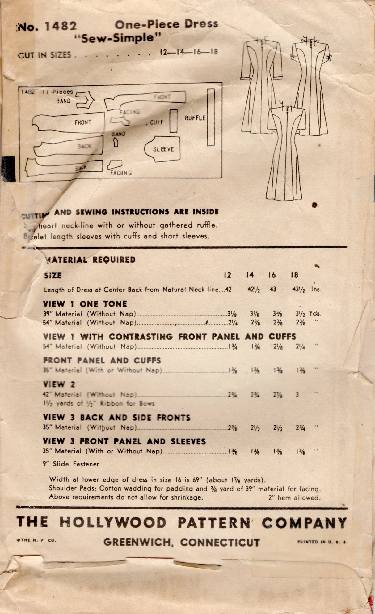 1940's Hollywood Princess Line Dress Pattern with optional Ruffle Collar - Bust 34" - No. 1482