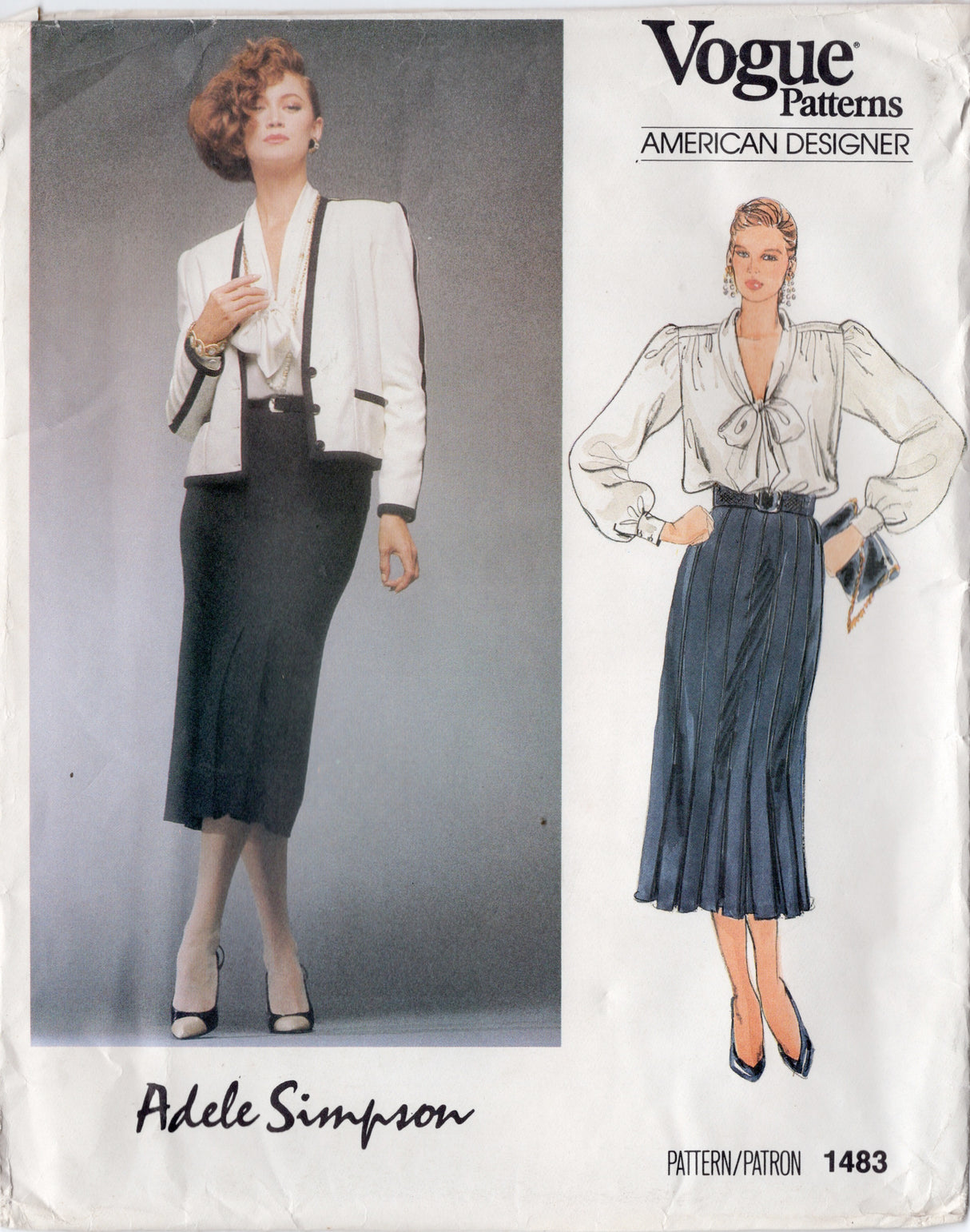 1980's Vogue American Designer Lined Jacket, Puff Sleeve Blouse and Pleated Front Skirt Pattern- Adele Simpson - Bust 34" - No. 1483