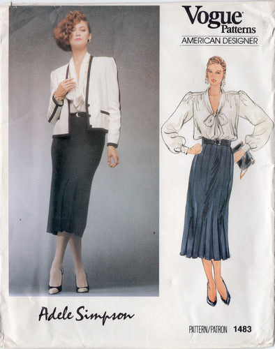 1980's Vogue American Designer Lined Jacket, Puff Sleeve Blouse and Pleated Front Skirt Pattern- Adele Simpson - Bust 34