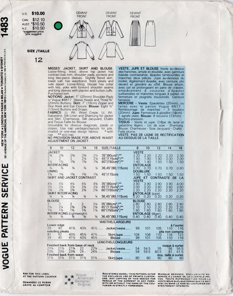 1980's Vogue American Designer Lined Jacket, Puff Sleeve Blouse and Pleated Front Skirt Pattern- Adele Simpson - Bust 34" - No. 1483