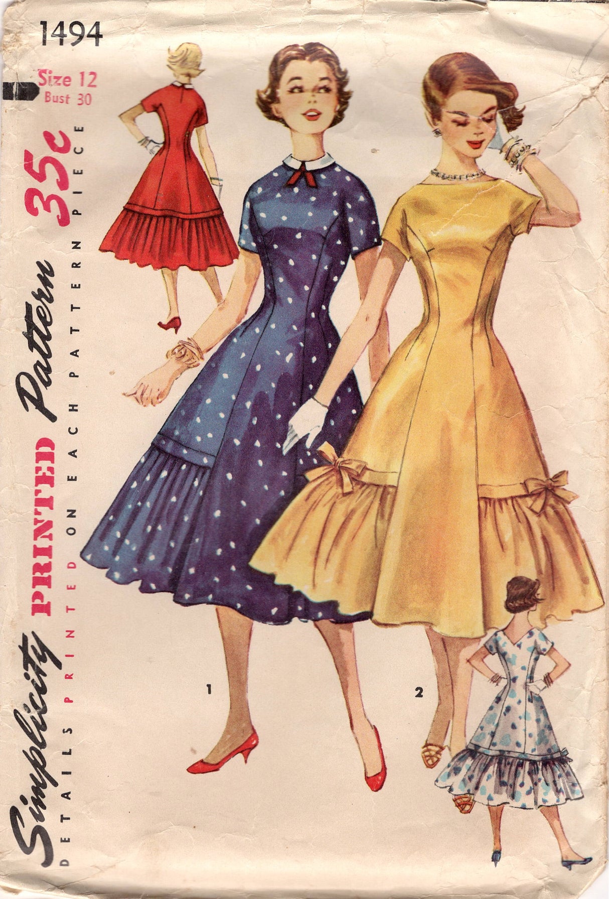 1950's Simplicity Princess-line Dress with Nipped Waist and Flare Skirt with Ruffle - Bust 30" - No. 1494