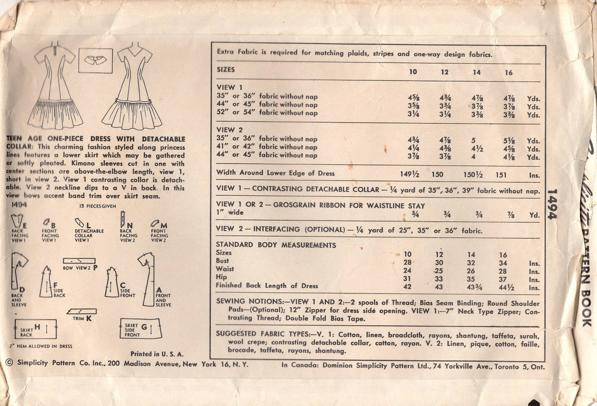 1950's Simplicity Princess-line Dress with Nipped Waist and Flare Skirt with Ruffle - Bust 30" - No. 1494