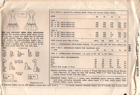 1950's Simplicity Princess-line Dress with Nipped Waist and Flare Skirt with Ruffle - Bust 30" - No. 1494