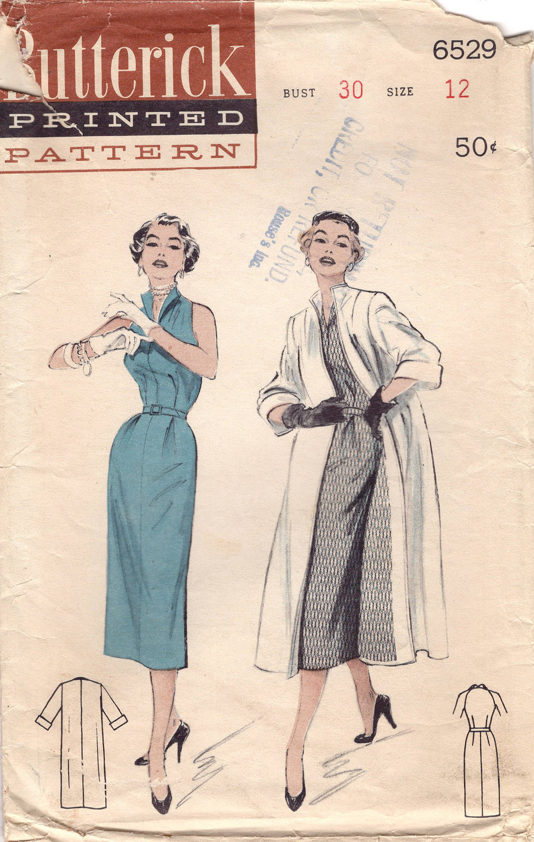 1950's Butterick Sheath Dress with Tall Collar and Duster Jacket - Bust 30