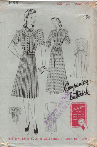 1940's Butterick One or Two Piece Dress and Two Piece Pajamas Pattern with wide leg pants - Bust 38