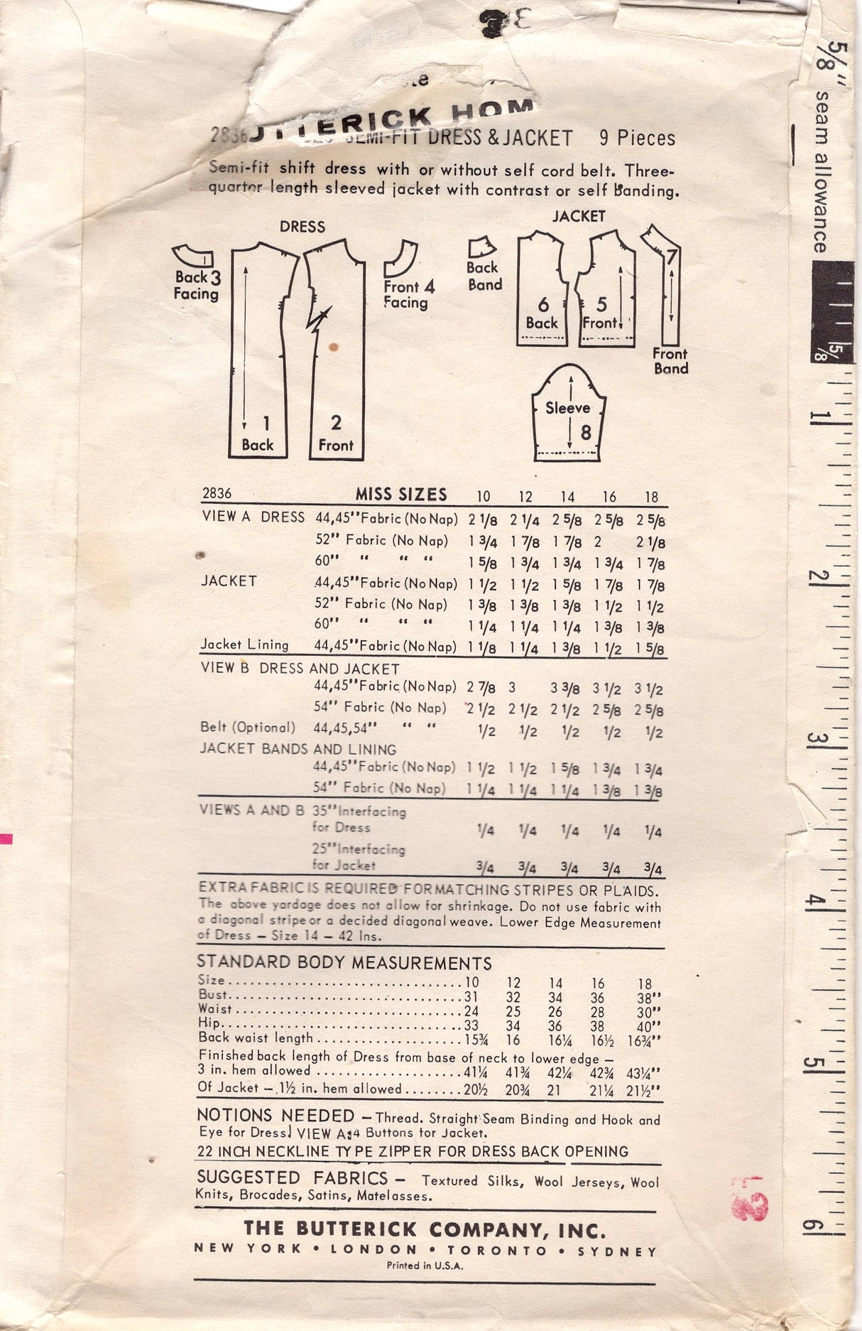 1960's Butterick Day & Night Sheath Dress and Banded Jacket Pattern - Bust 36" - No. 2836