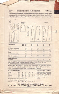 1950's Butterick Sheath Dress with Tall Collar and Duster Jacket - Bust 30" - No. 6529