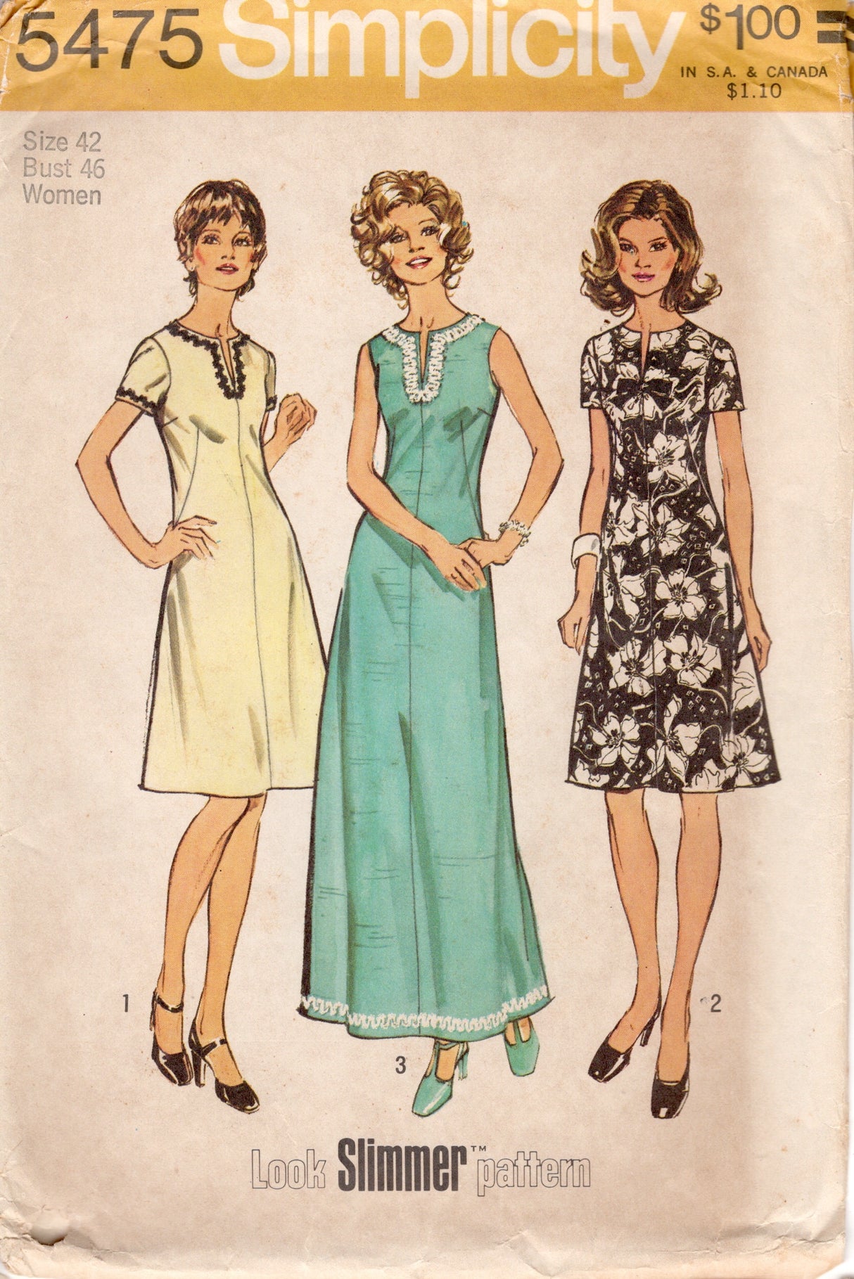 1970's Simplicity Midi or Maxi Dress with Slit Neckline Pattern - Bust 46" - No. 5475