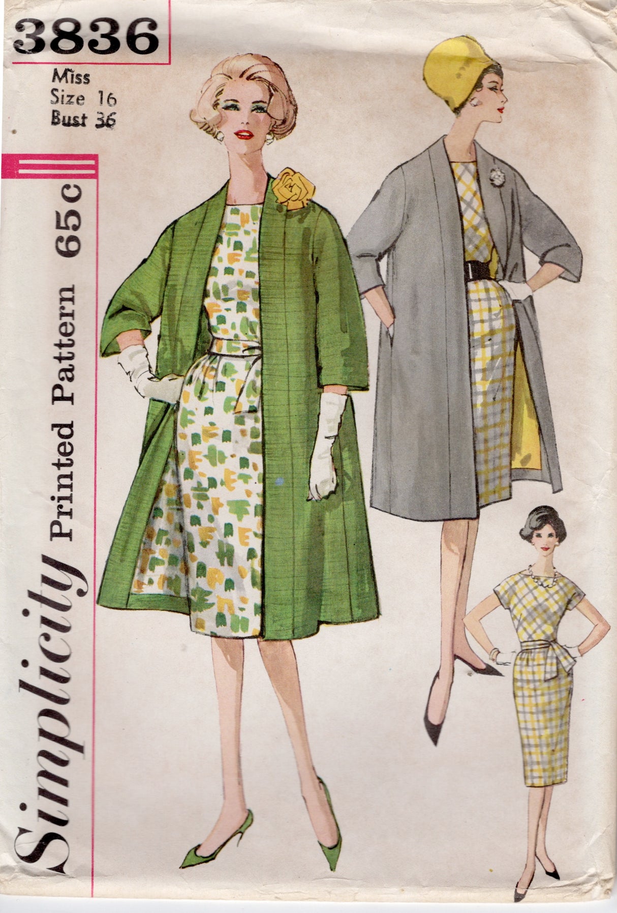 1960's Simplicity Flared Coat and Sheath Dress Pattern - Bust 36" - No. 3836
