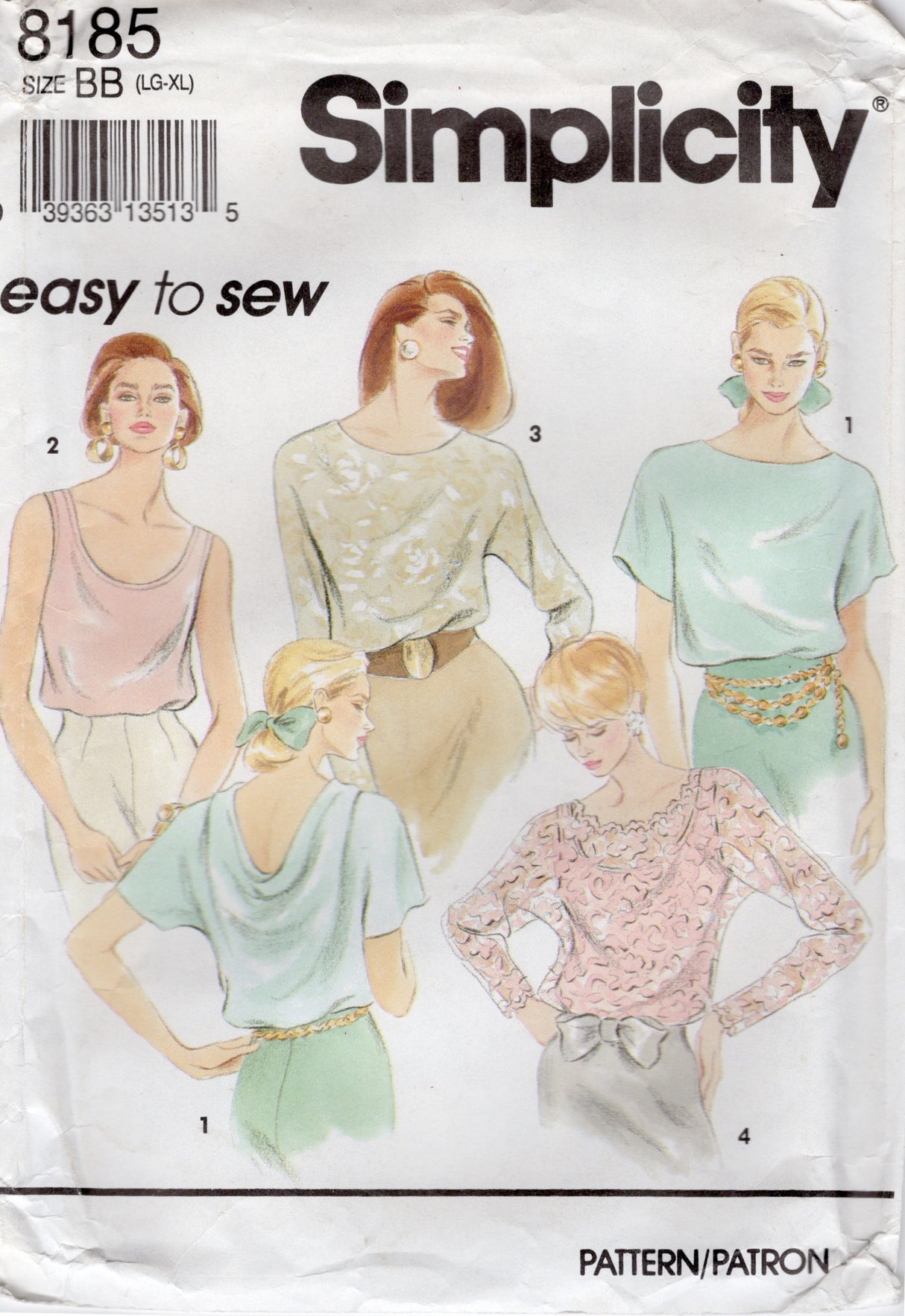 1990's Simplicity Set of Pullover Tops Pattern - Bust 40-46" - No. 8185
