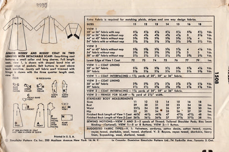 1950's Simplicity Flared Coat Pattern in Two Lengths - Bust 32" - No. 1508