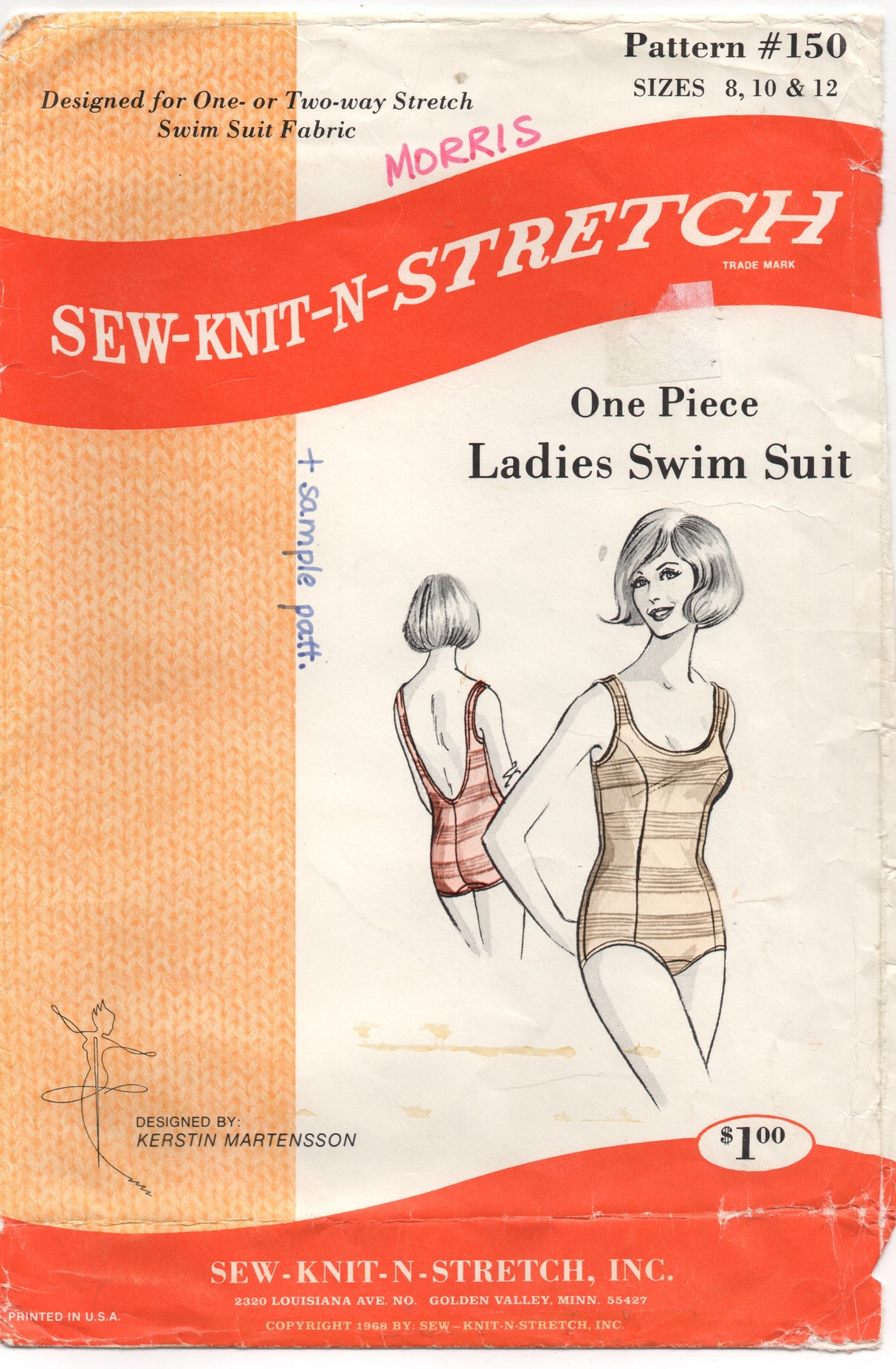 1960’s Sew Knit N Stretch One PIece Swimsuit Pattern with Low Cut Back - Bust 31.5-34"- No. 150