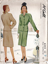 1940's McCall Two Piece Princess Line Suit Pattern - Bust 34” - No. 6343