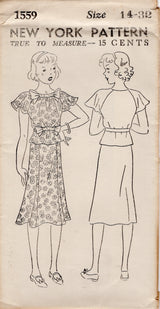 1930's New York Child and Teen's Two Piece Dress Pattern with Raglan Flutter Sleeves - Bust 36" - No. 1559