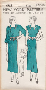 1930's New York Square One Piece Dress Pattern with Button on Bolero Jacket - Bust 36" - No. 1565