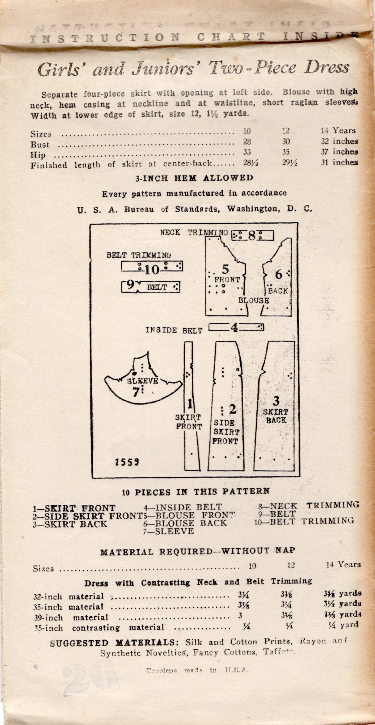 1930's New York Child and Teen's Two Piece Dress Pattern with Raglan Flutter Sleeves - Bust 36" - No. 1559