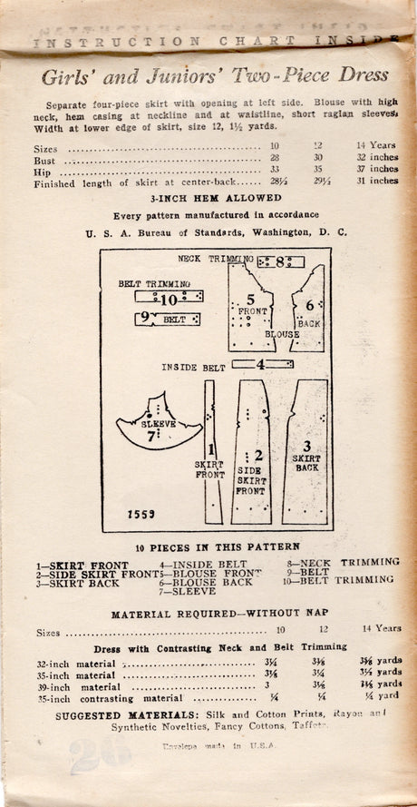 1930's New York Child and Teen's Two Piece Dress Pattern with Raglan Flutter Sleeves - Bust 36" - No. 1559