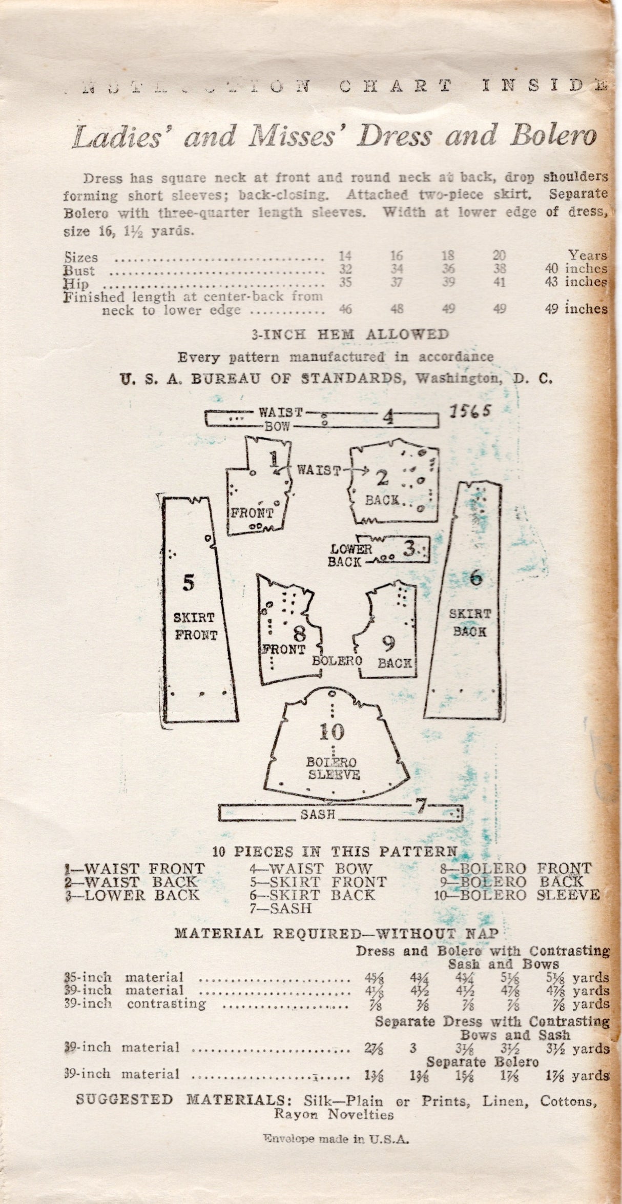 1930's New York Square One Piece Dress Pattern with Button on Bolero Jacket - Bust 36" - No. 1565