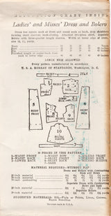 1930's New York Square One Piece Dress Pattern with Button on Bolero Jacket - Bust 36" - No. 1565