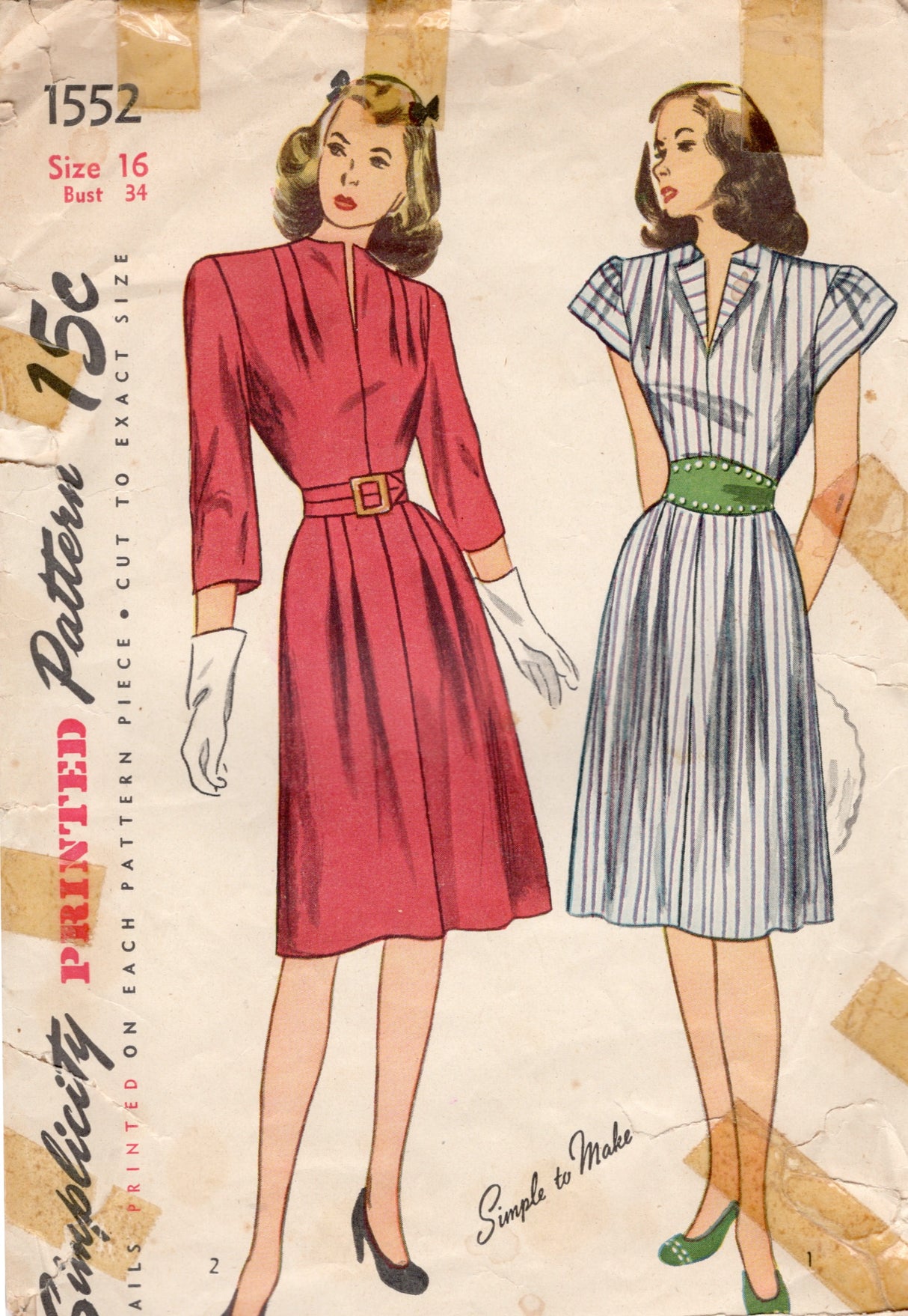 1940's Simplicity One Piece Dress with Tucks at Shoulders and waist - Bust 34" - No. 1552