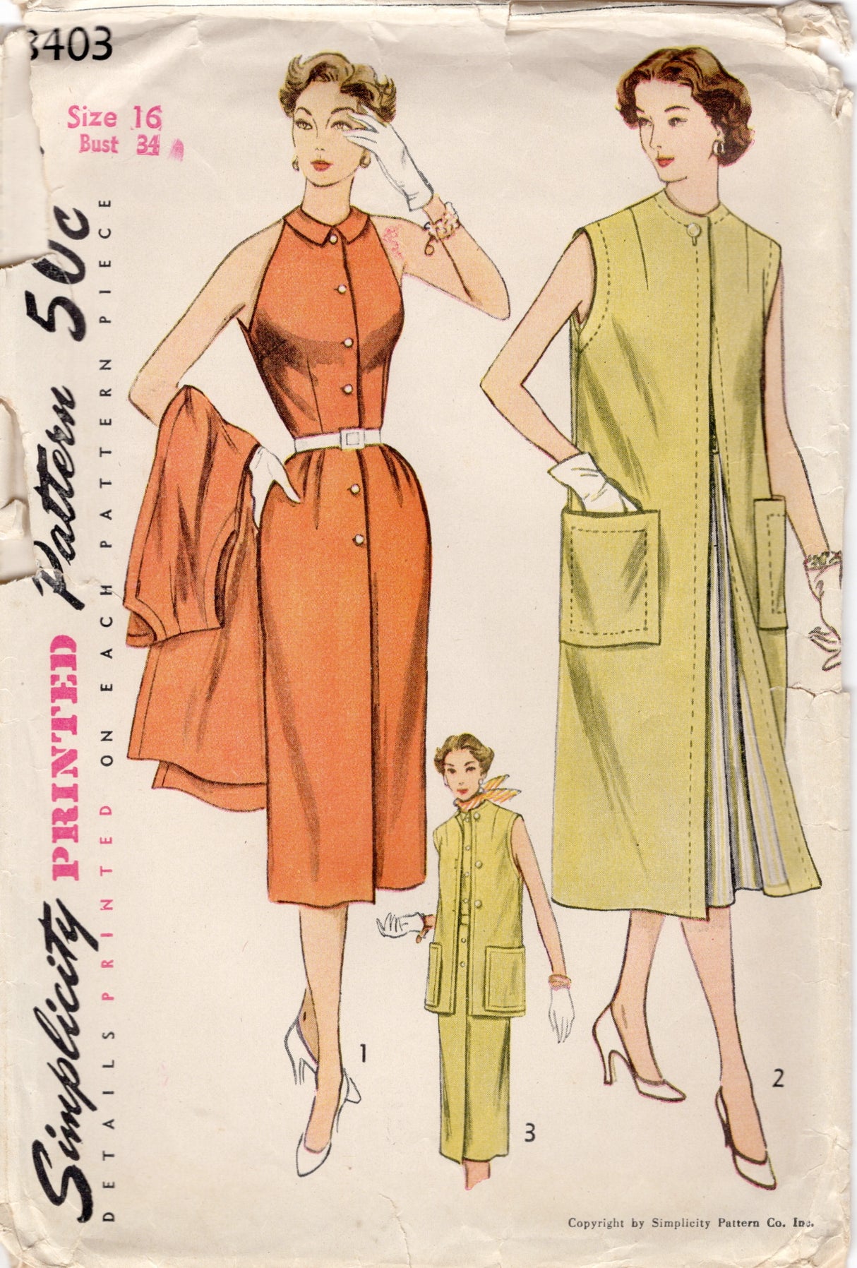 1950's Simplicity Button Front Sheath Dress and Coat Pattern - Bust 34" - No. 8403