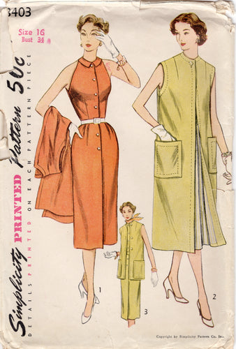 1950's Simplicity Button Front Sheath Dress and Coat Pattern - Bust 34