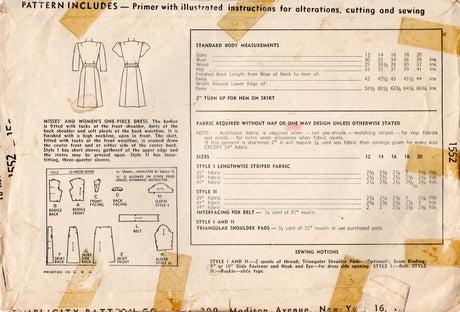 1940's Simplicity One Piece Dress with Tucks at Shoulders and waist - Bust 34" - No. 1552