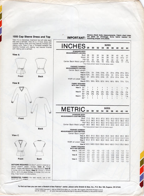 1980's Stretch & Sew Cap Sleeve Dress an Top pattern - Bust 28-44" - No. 1555